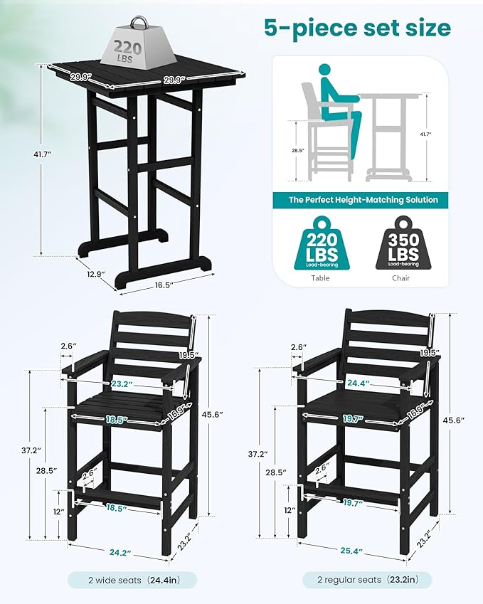 SERWALL 5-Piece Adirondack Bar Chairs Set, HDPE Adirondack Barstools with Pub Table, Outdoor Patio Bar Furniture for Bistro, Balcony, Poolside, Garden - Black