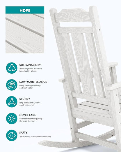 SERWALL Outdoor Rocking Chair White Set of 8, All Weather Patio Rocking Chair, HDPE Poly Rocking Chair for Adults, Heavy Duty Front Porch Rocker