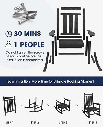 KINGYES Oversized Outdoor Rocking Chair, All-Weather Patio Rocking Chairs for Porch, HDPE Outdoor Patio Rockers with High Back & Wide Seat for Garden, Lawn, Black