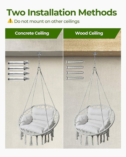 Greenstell Hammock Chair, Macrame Swing Chair with Comfy Cushion, Boho Hanging Chair for Outdoor & Indoor, Perfect for Bedroom, Patio, Balcony, Hold up to 330Lbs, Grey