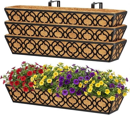 Y&M 30 inch Window Planter Box 4Pcs Iron Window Deck Railing Planter with Coco Liner, Metal Horse Troughs Fence Planter for Outdoor Balcony Rail Fence Porch Patio