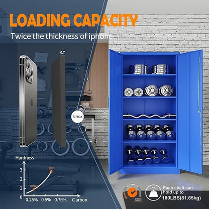 Yizosh Metal Garage Storage Cabinet with 2 Doors and 5 Adjustable Shelves - 71" Steel Lockable File Cabinet,Locking Tool Cabinets for Office,Home,Garage,Gym,School (Blue)