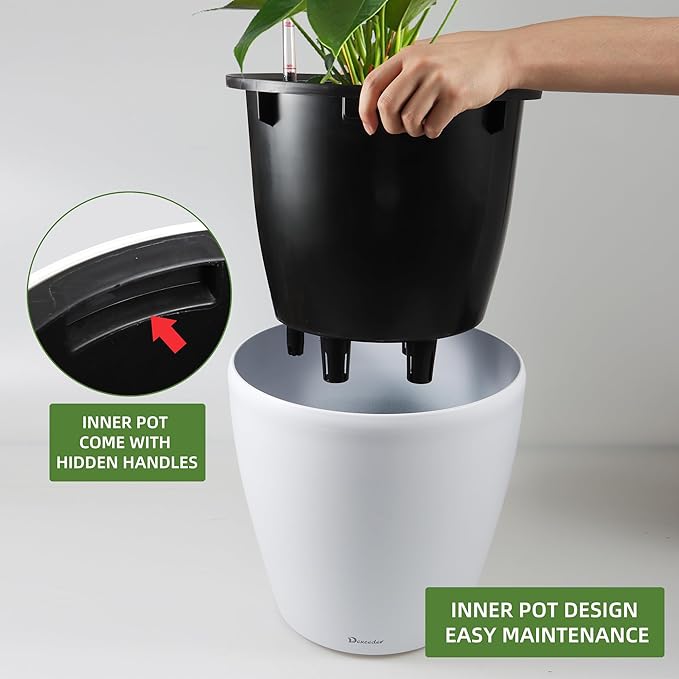 Dexceder 18x17 Self Watering Planter with Wheels Indoor Outdoor, Inner Pot Design, Thickened Large Floor Standing Flower Plant Pot with Water Level Indicator (White Matte)