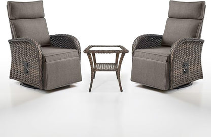 Dual-Adjust Swivel Outdoor Recliner Chair Set of 3 - Reclining Patio Chair with Adjustable Backrest and Footrest, All-Weather Wicker Chaise Lounge Outdoor with Side Table for Pool Deck Brown