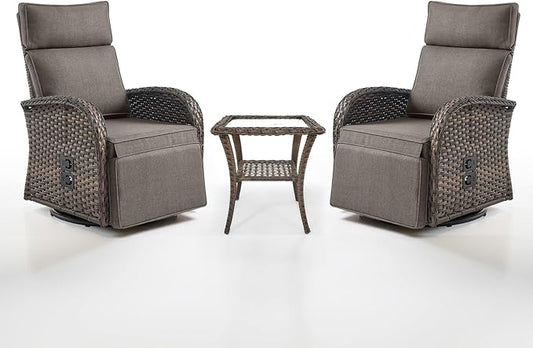Dual-Adjust Swivel Outdoor Recliner Chair Set of 3 - Reclining Patio Chair with Adjustable Backrest and Footrest, All-Weather Wicker Chaise Lounge Outdoor with Side Table for Pool Deck Brown