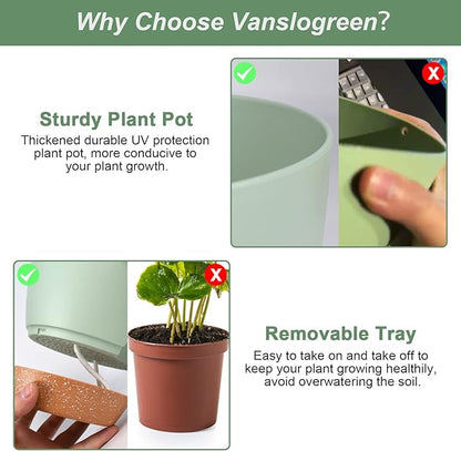 Planters for Indoor Plants, 10/9/8 Inch Self Watering Plant Pots with Drainage Hole, Plastic Planters Flower Pots for Indoor Outdoor Plants (Green)