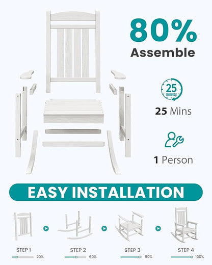 SERWALL Oversized Outdoor Rocking Chair, All-Weather Patio Rocking Chair, HDPE Porch Rocker for Adults, White