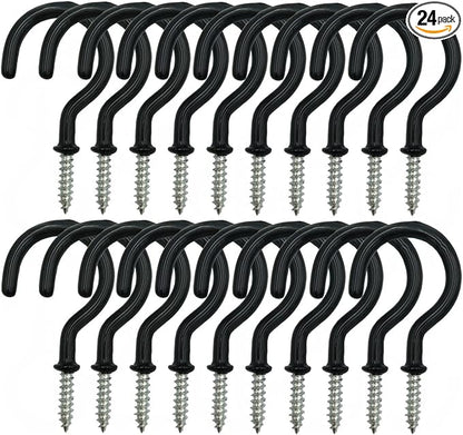 24 Pack Ceiling Hooks for Hanging Plants - 2.2 inches Heavy Duty, Hanging Hooks for Christmas Lights, Cups, Decors - Black Vinyl Coated Screw in Plant Hanger Hook Indoor and Outdoor