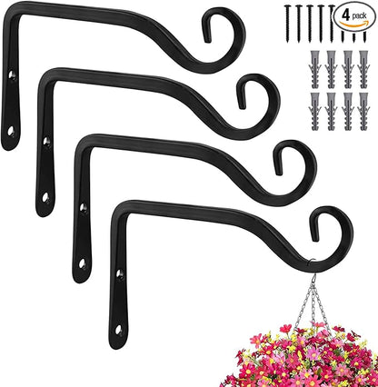 Plant Hangers Outdoor 4 Pack 10 Inch Metal Hanging Plant Bracket Metal Hanging Plant Hooks Indoor, Wall Hooks for Hanging Plants, Bird Feeder, Flower Basket, Wind Chimes Black (4PCS)