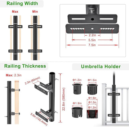 Heavy Duty Deck Railing Umbrella Holder, Adjustable Patio Umbrella Stand for 1-2 Inch Poles, Secure & Sturdy Railing Grille Mount, Maximizes Outdoor Space