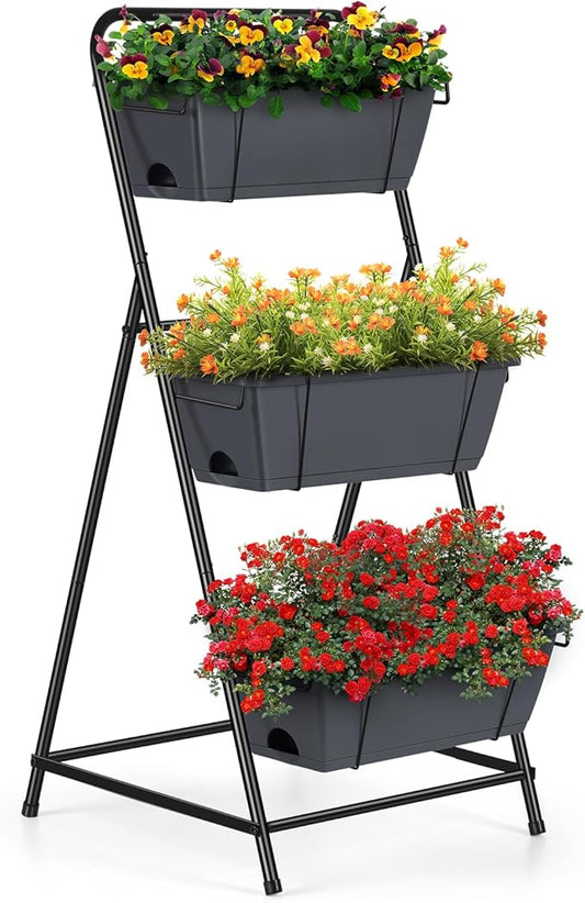 Vertical Garden Planter 3 Tier Raised Garden Bed Herb Planter Outdoor Standing Garden Planter Box with Drainage Holes Removable Tray for Patio Balcony Porch Grey