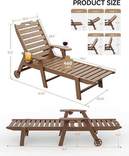 Carauci Lounge Chair Outdoor Set of 4, HDPE Chaise Lounge with Wheels, 5-Position Adjustable Backrest & 2 Cup Holders Patio Lounge Chair, All-Weather Pool Sun Lounger for Poolside, Backyard, Teak