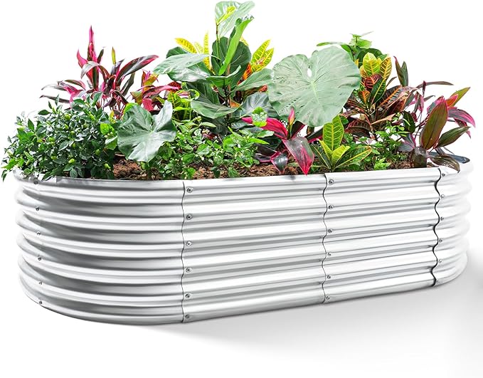 Land Guard 6x3x1.5ft Galvanized Raised Garden Bed Kit, Metal Planter Boxes Outdoor, Oval Metal Raised Garden Bed for Vegetables, Flowers (Silver)