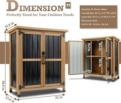 Outdoor Storage Cabinet Waterproof with Shelves, Storage Box with Lockable Doors, Wood & Metal Patio Yard Pool Garden Storage Cabinet Organizer, Gifts for Women Men