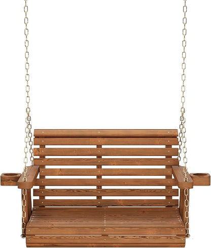 Amish Casual 3 Foot Roll Back Porch Swing with Cup Holders in Oak Stain - Amish Made in The USA from Treated Pine Heavy Duty 700 Lb. Weight Capacity