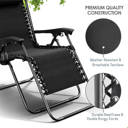 Nestl Zero Gravity Chairs Set of 4, Patio Lounge Chair Outdoor with Pillows & Cup Holder Trays, Adjustable Steel Mesh Reclining Camping Chair, Folding Patio Lawn Chair for Deck, Beach, Yard - Black