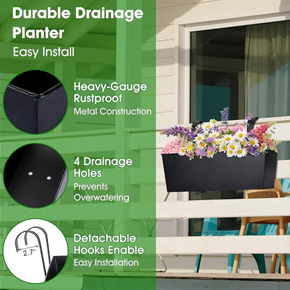 OGIMA 16-Inch Railing Planter Box, 3 Pack Large Hanging Planters for Outdoor Plants with Adjustable Wide Hooks for 2.7'' Railings - Balcony Planters Railing Hanging for Deck, Fence & Patio Decor