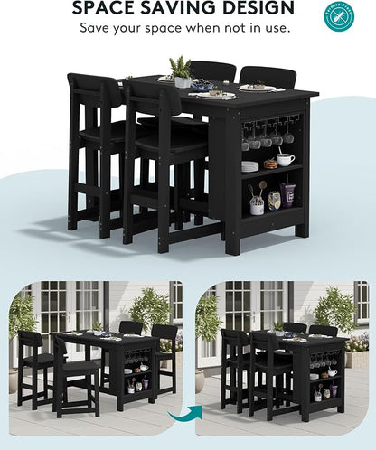SERWALL 8-Piece Counter Height DiningTable Sets with Storage and Wine Rack, HDPE 2 Rectangular Bar Table with Bar Stools Set of 6 for Garden, Backyard, Kitchen, Black