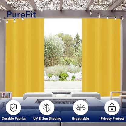 PureFit Outdoor Curtains for Patio Waterproof Weatherproof, UV Resistant Outside Curtains for Gazebo, Front Porch, Pergola, Sun Blocking Privacy Curtain, 52W x 108L inch, 1 Panel, Yellow