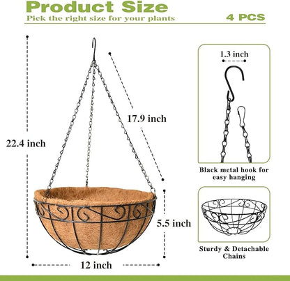 4 Pack 12 Inch Hanging Baskets for Plants Outdoor Metal Hanging Planter Hanging Flower Baskets with Coco Fiber Liners Chain Round Wire Plant Holder Flower Pots(Plaid)