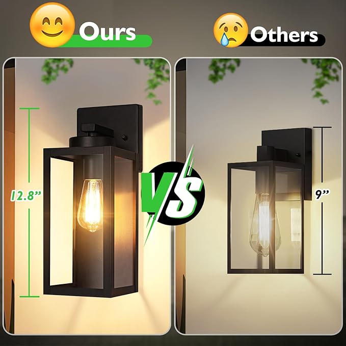 Outdoor Wall Light Fixtures, Exterior Waterproof Wall Lanterns, Porch Sconces Lighting with E26 Sockets & Glass Shades, Modern Matte Black Outside Lights for Patio Front Door Entryway Garage, 2-Pack