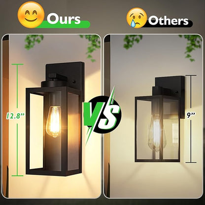 Outdoor Wall Light Fixtures, Exterior Waterproof Wall Lanterns, Porch Sconces Lighting with E26 Sockets & Glass Shades, Modern Matte Black Outside Lights for Patio Front Door Entryway Garage, 2-Pack