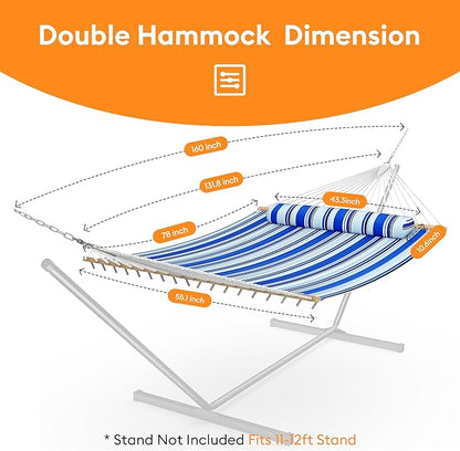 Double Hammock with Spreader Bar,Soft Pillow,Max Load 500lbs,Portable Hammock for Outdoor,Camping,and Backyard,Blue