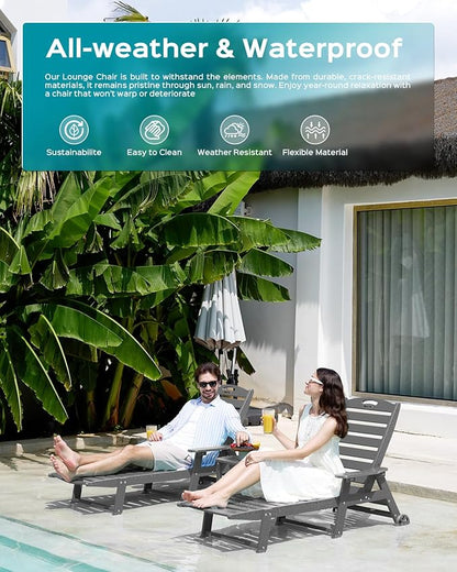 Ciokea Outdoor Chaise Lounge Chair Set of 2, Patio Lounge Chairs for Outside, HDPE Lounge Chairs with Wheels & Cup Holder, Poly Lounge Chair with 5 Position for Poolside, Deck, Dark Grey