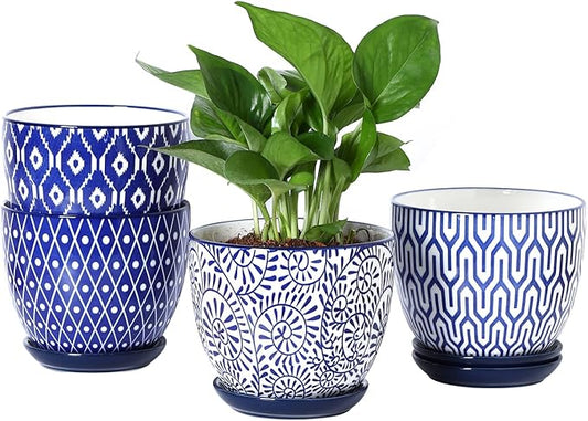 Selamica Ceramic Plant Pots, 5.6 Inch Flower Pots for Indoor Plants with Drainage Hole and Saucer,Home Decor, Set of 4, Vintage Blue