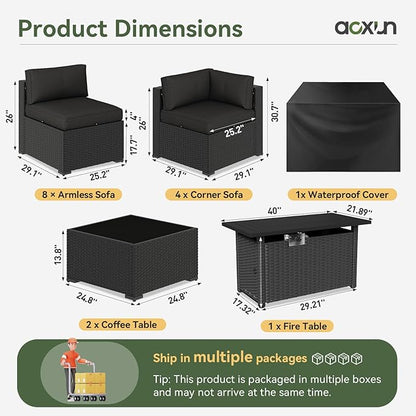 Aoxun 15 Piece Patio Furniture Set with 44” Fire Pit Table Wicker Rattan Patio Sectional Sofa Set Outdoor Seating Furniture with Thickened Cushion, Black