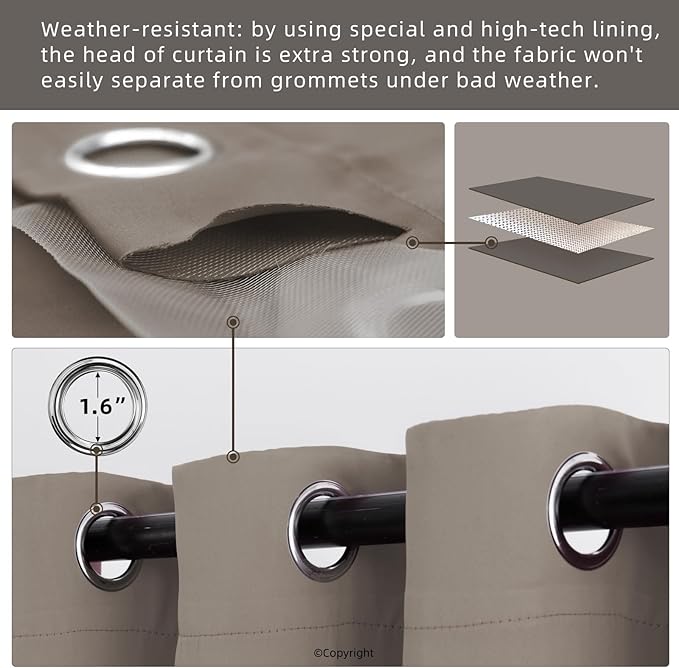 Waterproof Outdoor Curtain W105 x L84 - Grommet Top Sunlight Blocking Window Treatment Drapes Blackout Curtains for Home Bedroom Living Room Outdoor Patio Porch Gazebo (Taupe, 2 Panels)
