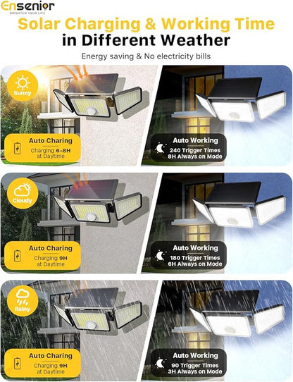 Ensenior Solar Lights Outdoor Motion Sensor, 2600LM 220 LED High Brightness, 3 Head 270° Wide Angle Flood Lights, Remote Control Security Lights 4 Modes, IP65 Waterproof Wireless Wall Light, 3 Pack