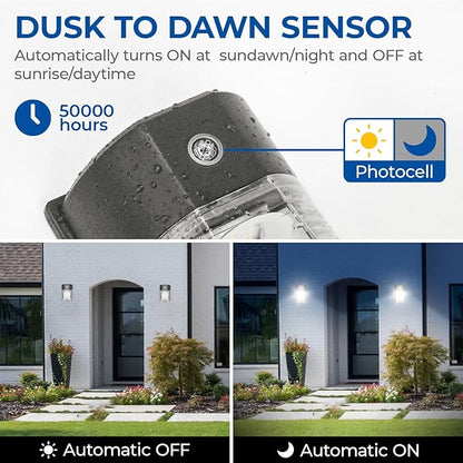 CINOTON 26W LED Wall Pack Light with Dusk to Dawn Sensor, 3000LM [100-277Vac] LED Wall Lights IP65 Waterproof Outdoor Security Flood Lighting for Garage Warehouse Garden 5000K-Daylight 1 Pack