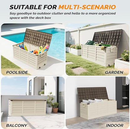 VINGLI 75 Gallon Collapsible Outdoor Storage Box, Simple-to-assemble Plastic Storage Containers with Lid, Patio Deck Box Furniture for Garden, Pool, Balcony, Yard (Coffee)