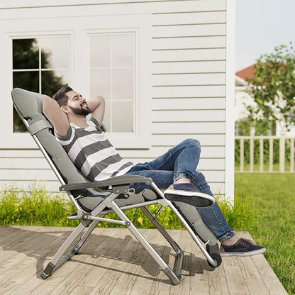 UDPATIO Oversized Zero Gravity Chair Set of 2, 33In XXL Patio Reclining Chair with Cushion, Outdoor Folding Recliner with Pillows|Cup Holder|Foot Rest|Padded Headrest, Grey, Support 500LB