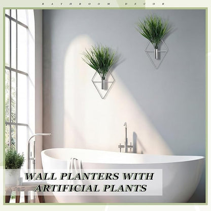 4 Pieces Silver Wall Decor Hanging Planters with Artificial Plants Metal Vase Indoor Aquatic Plant Holder Modern Geometric Wall Art for Home Bathroom Bedroom Living Room Office