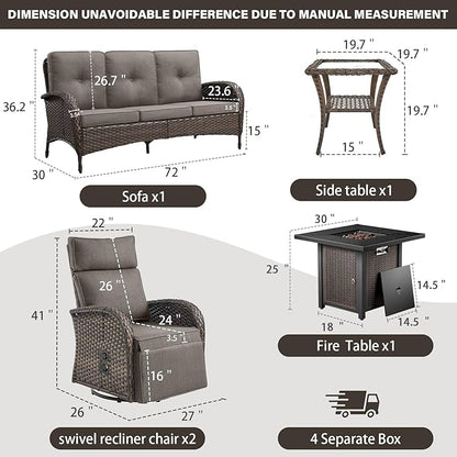 Belord 5 Piece Wicker Patio Furniture Set with 30" Propane Fire Pit Table, Outdoor Swivel Recliner Chairs with Adjustable Backrest & Footrest for Patio Conversation and Backyard Gathering