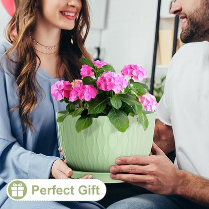 12 Inch Large Plant Pots for Indoor or Outdoor Plants, Wide Water Ripples Flower Pots with Drainage Holes & Saucer, Plastic Planters Set for Garden & Home Decor (Green)