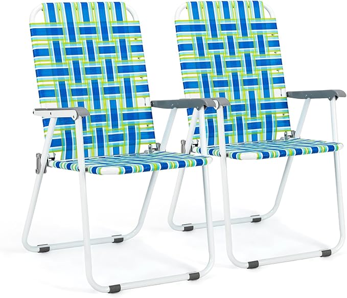 VINGLI Patio Lawn Webbed Folding Chairs Set of 2, Outdoor Beach Portable Lawn Chair Camping Chair Beach Chair for Yard, Garden Dining (Blue, Classic)