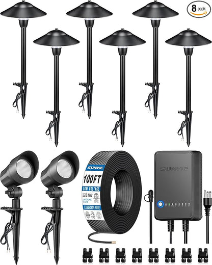SUNVIE All-in-ONE Landscape Lighting Kit 6-Pack LED Outdoor Pathway Lights, 2-Pack Spotlights, 60W Transformer, 100FT 16/2 AWG Wire and Connectors Outdoor Landscape Lighting for Walkway Garden Yard