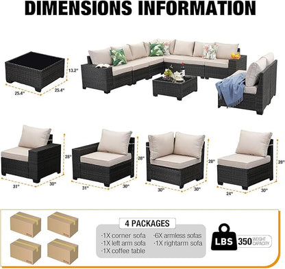10 Pieces Patio Furniture Set All-Weather Outdoor Wicker Sectional Conversation Sofa Rattan Patio Seating Sofa with Cushion and Glass Table for Porch Poolside,Beige
