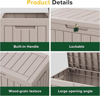 DRATO 45 Gallon Deck Box, Outdoor Storage Box for Patio Furniture, Patio Cushions, Gardening Tools, Pool Supplies 480lbs Weight Capacity,Waterproof Resin Storage Boxes (Light Brown, 45Gal)