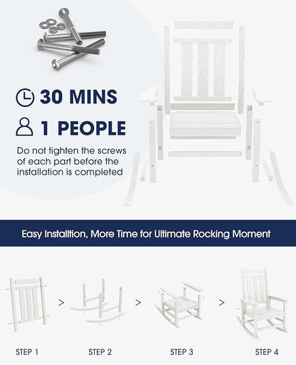 KINGYES Oversized Outdoor Rocking Chair Set of 6, All-Weather Patio Rocking Chairs for Porch, HDPE Outdoor Patio Rockers with High Back & Wide Seat for Garden, Lawn, White