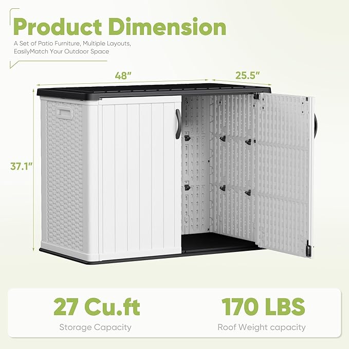 Devoko Outdoor Storage Cabinet 26 Cu Ft with Lockable Doors, Horizontal Storage Shed Waterproof Patio Tools Storage Box for Sofa Cushions, Gardening Tools and Accessories (White)
