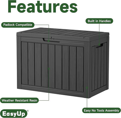 EasyUp 45 Gallon Outdoor Storage Box, Resin Waterproof UV-Resistant Deck Box, Reinforced Stability for Patio, Garden, and Poolside, Striped Black