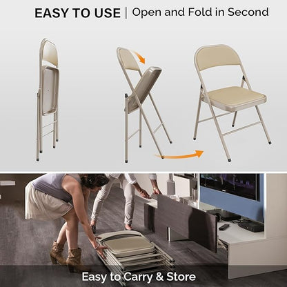 VINGLI 4 Pack Folding Chairs with Padded Seats, Metal Frame with Pu Leather Seat & Back, Capacity 350 lbs, Set of 4, Khaki