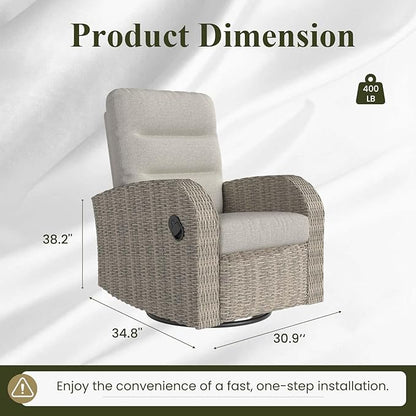 LayinSun Oversized Wicker Outdoor Swivel Glider Recliner with Adjustable Backrest & Footrest, Patio Reclining Lounge Chair