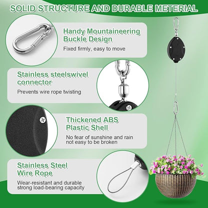 1 Pack Heavy Duty Retractable Plant Hangers, Adjustable Pull-Down Pulleys with 63" Stainless Steel Rope, Double Hooks for Hanging Plants, Bird Feeders, Planters & Pots, Indoor & Outdoor Use