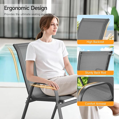 ONBRILL Patio Chairs set of 6, Easy Assembly Stackable Outdoor Dining Chairs with Wide Seat and Sturdy Metal Frame, Breathable All Weather Textilene Outdoor Chairs Set of 6 for Deck, Pool, Porch, Grey