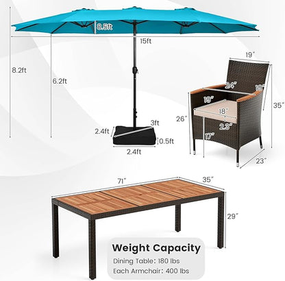 Tangkula 11 Piece Rattan Outdoor Dining Set with 15Ft Patio Umbrella for 8, Outdoor Wicker Table Set with 8 Cushioned Armchairs, Acacia Wood Top, Outdoor Umbrella with Base Included